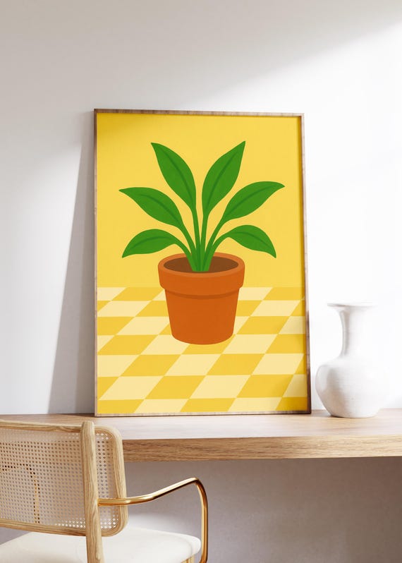 Potted Plant Wall Art Print Terracotta Decor Houseplant Style Yellow Checkerboard Cozy Home Vibe Bold Greenery Modern Flat Design