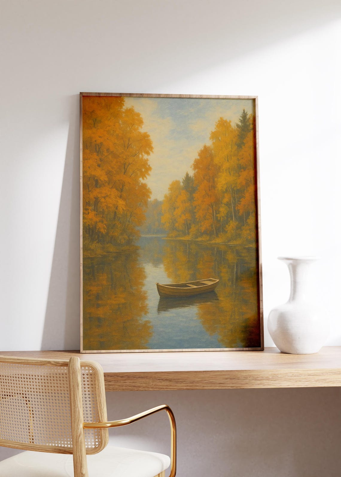 Rowboat on Calm Lake Beneath Moody Autumn Orange Forest Poster