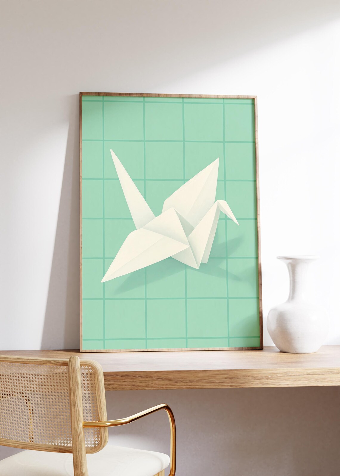 White Origami Paper Crane Floating on Mint Green Grid Poster