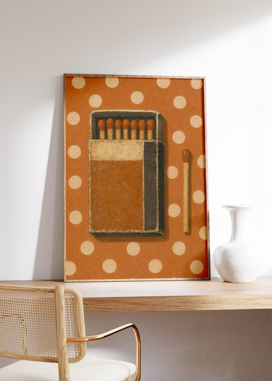 Retro Wooden Matchbox Illustration on Orange Polka Dot Poster