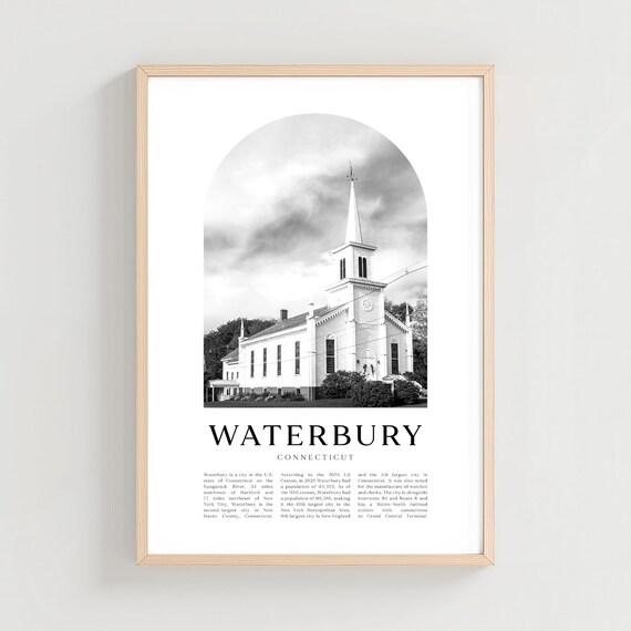 Waterbury Connecticut Historic White Church Black and White Poster