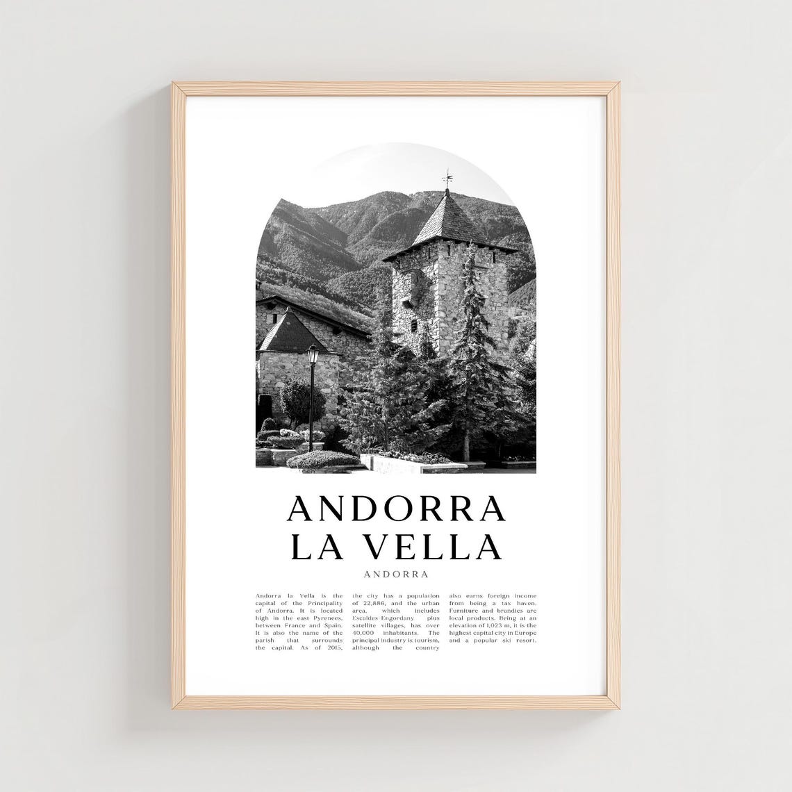Andorra la Vella Stone Church Mountain Black White Arch Print