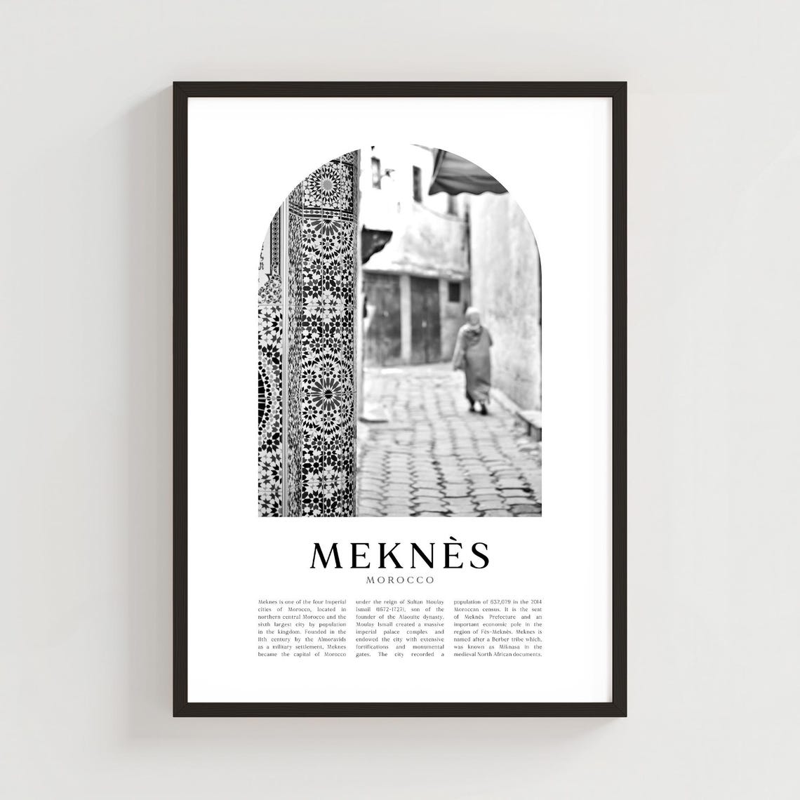 Meknes Morocco Tiled Arch Old Town Lane Black and White Photo Poster