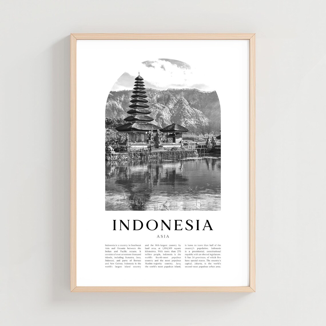 Indonesia Black and White Bali Temple Lake Photography Travel Poster