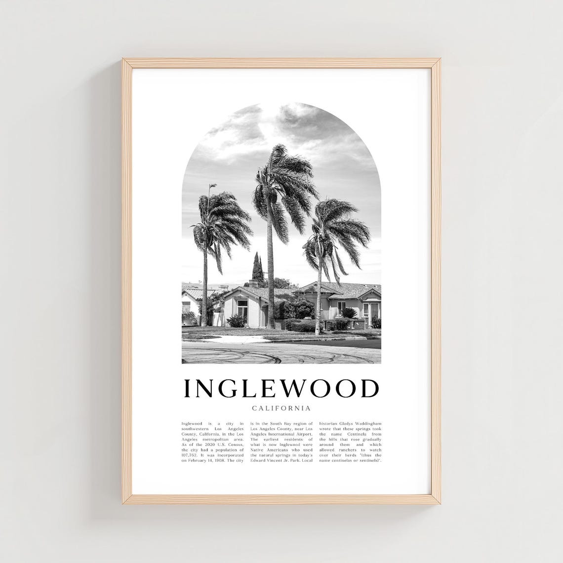 Inglewood California Palm Trees Sunset Black and White City Poster