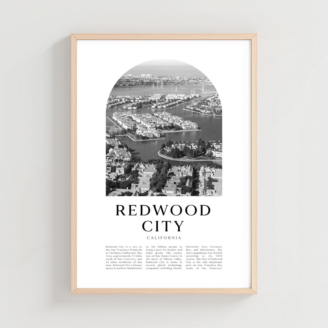 Redwood City California Harbor Aerial Black White Travel Poster