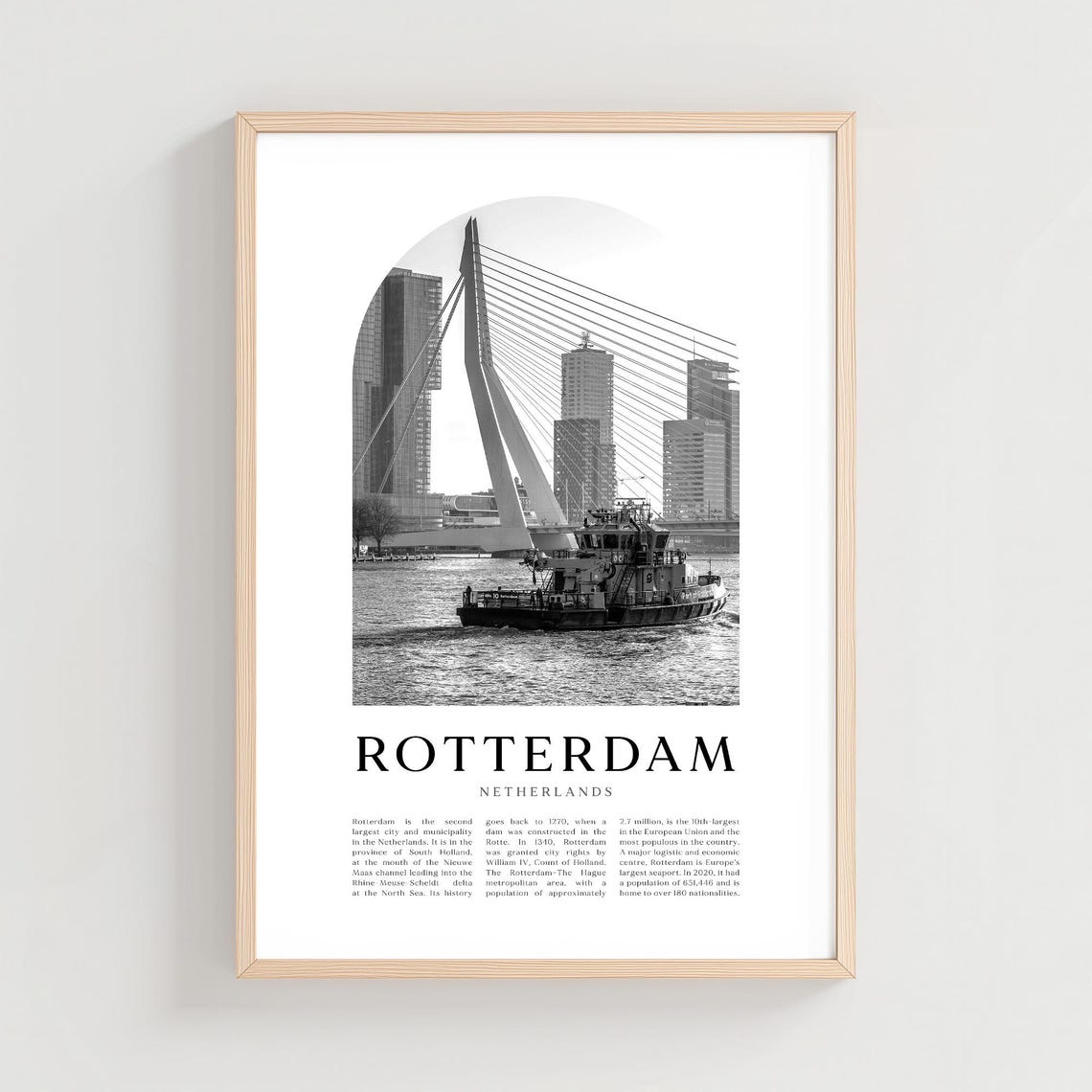 Rotterdam Erasmus Bridge Harbour Black and White Photo Poster