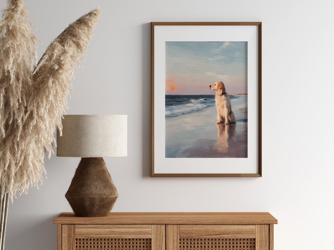 Golden Retriever Dog Sitting on Beach Watching Sunset Poster Art
