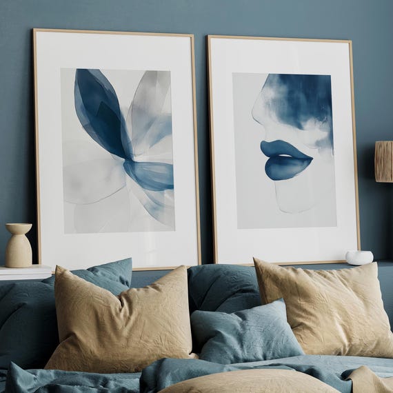 Blue Floral Watercolor Art Print Navy Botanical Living Room Decor