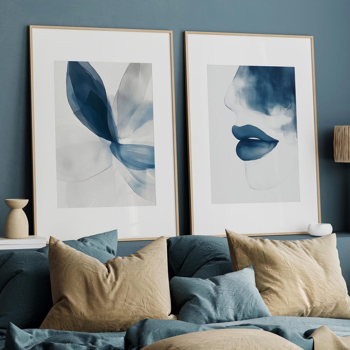 Blue Floral Watercolor Art Print Navy Botanical Living Room Decor