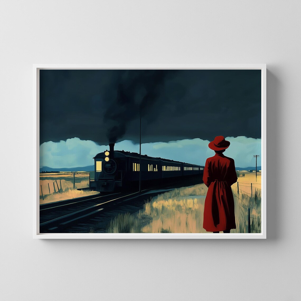 Woman in Red Waiting for the Train Edward Hopper Style Art Poster