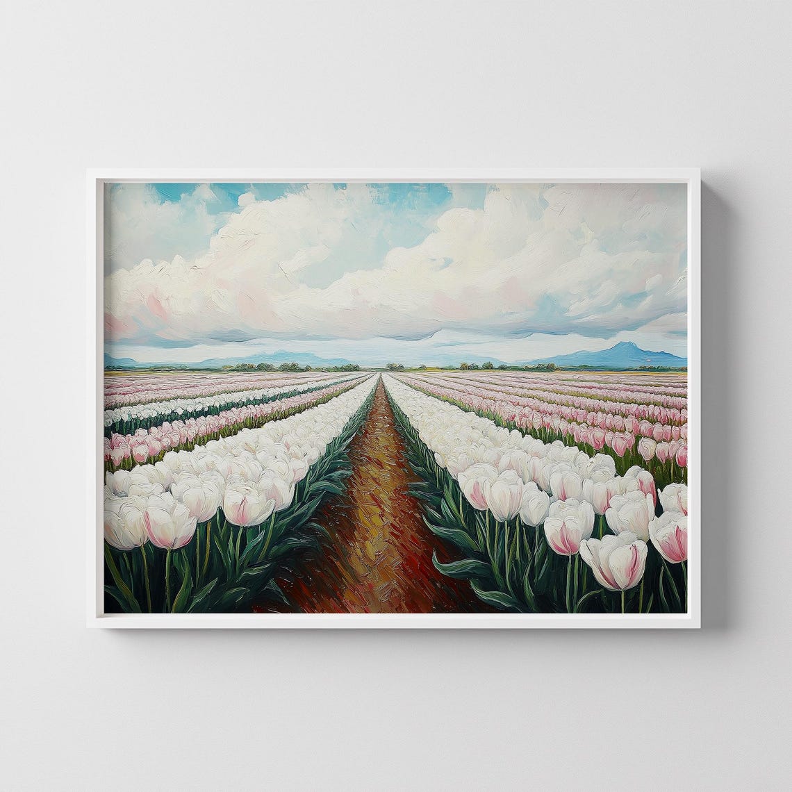 White Tulip Field Rows Oil Painting Floral Landscape Art Poster