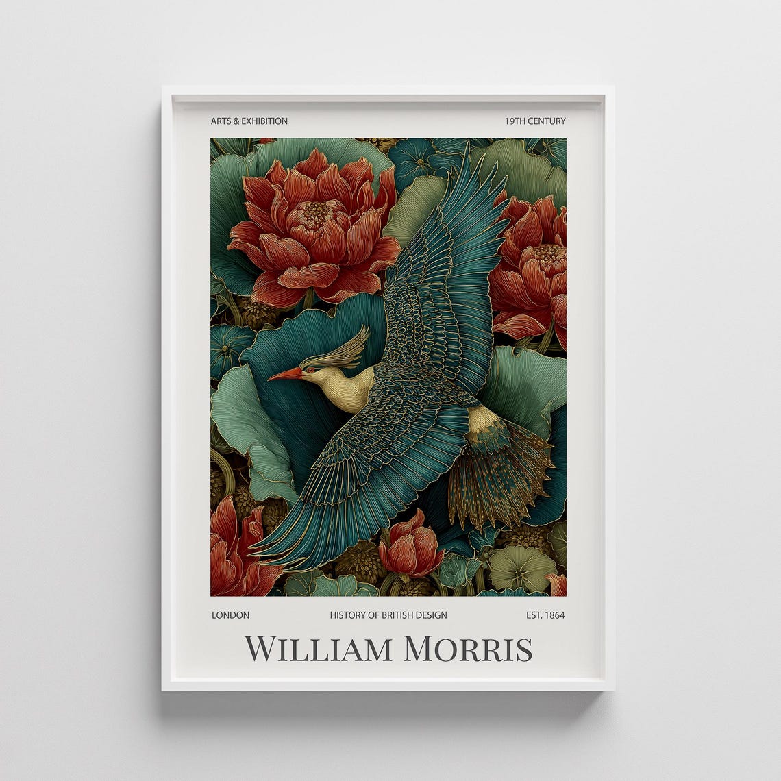 William Morris Heron Exhibition Poster with Red Peony Flowers