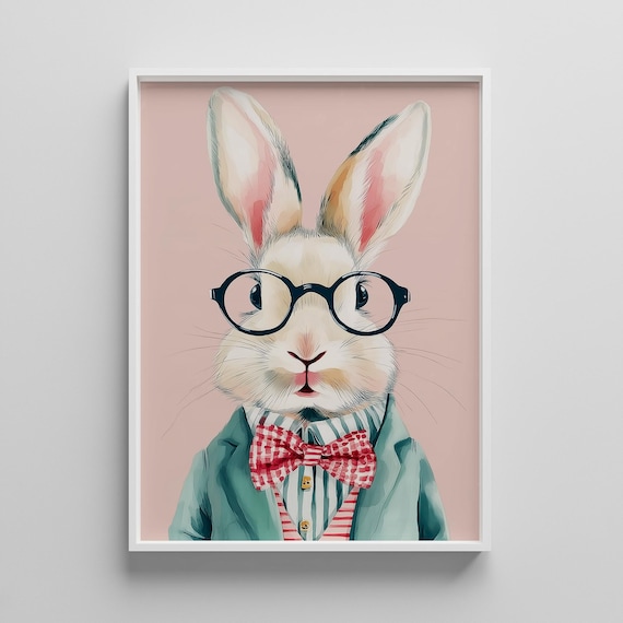 Whimsical Bunny in Glasses Bow Tie Jacket Kids Nursery Poster