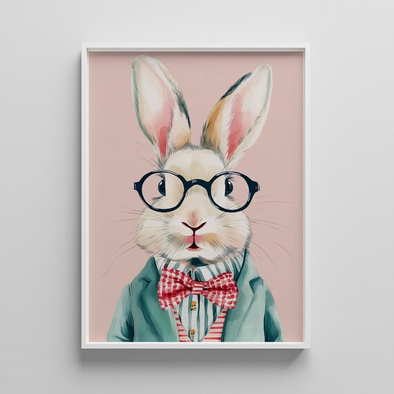 Whimsical Bunny Wall Art Rabbit In Glasses Poster Kids Nursery Decor Easter Animal Illustration Instant