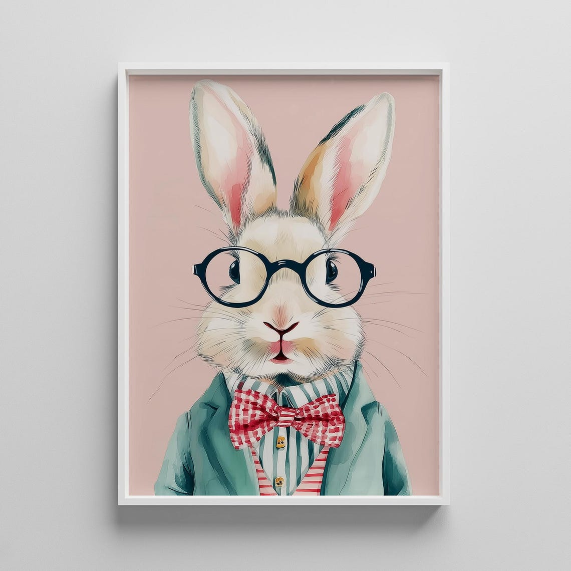 Whimsical Bunny in Glasses Bow Tie Jacket Kids Nursery Poster