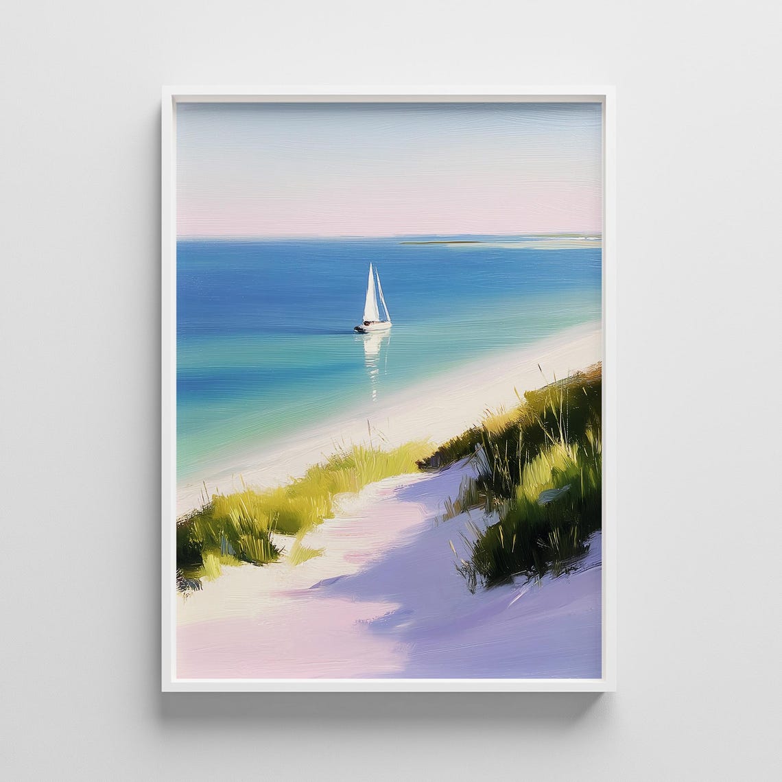 Pastel Beach Sailboat Sand Dunes Turquoise Tropical Coast Poster