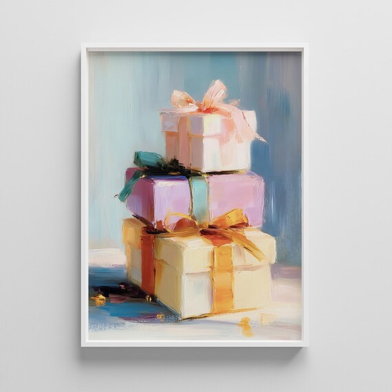 Pastel Gift Boxes Stacked Oil Painting Festive Celebration Poster