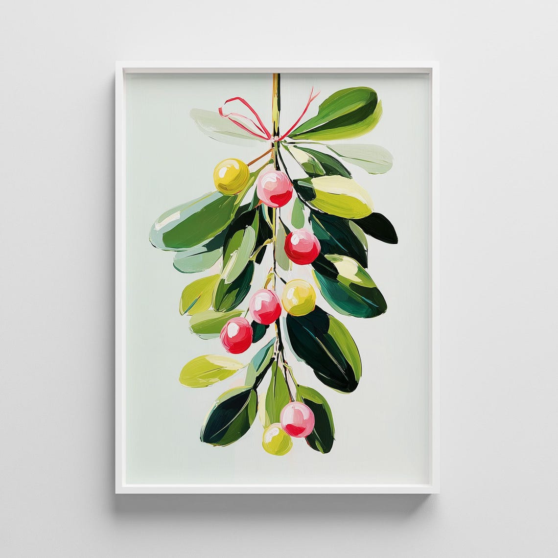 Hanging Mistletoe Sprig with Pink Bow Pastel Botanical Art Print