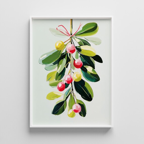 Hanging Mistletoe Sprig with Pink Bow Pastel Botanical Art Print