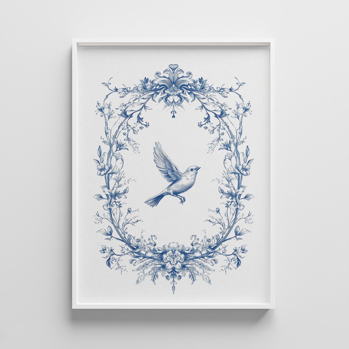 Blue Toile Floral Frame Flying Bird Vintage French Country Poster