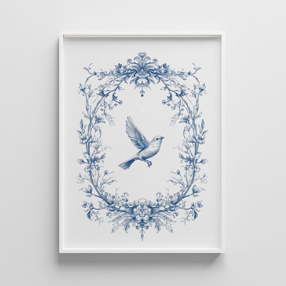 French Toile Bird Print Vintage Botanical Wall Art