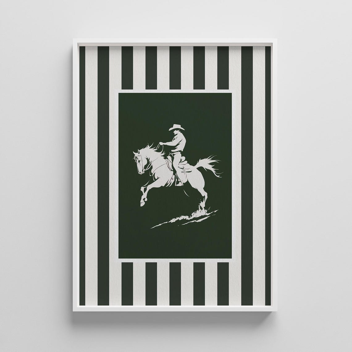 Bucking Cowboy Silhouette on Forest Green Striped Western Poster