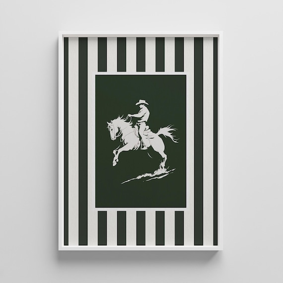 Bucking Cowboy Silhouette on Forest Green Striped Western Poster