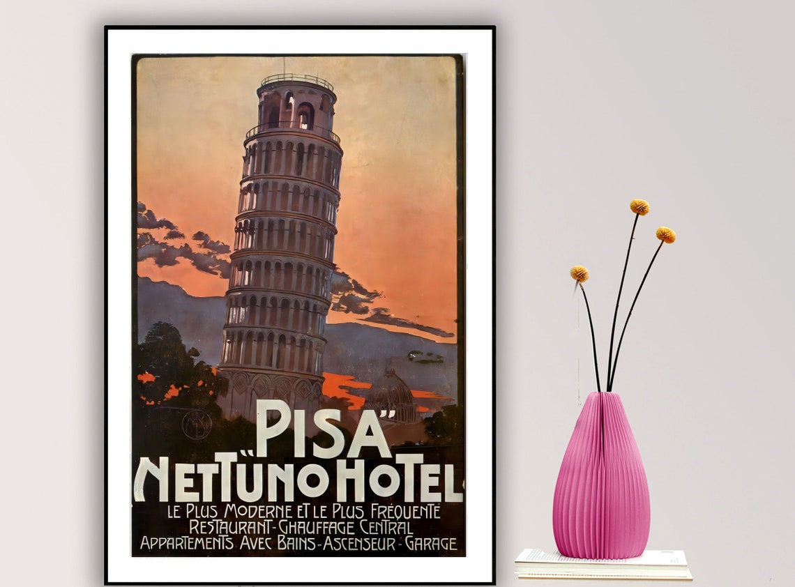 Pisa Nettuno Hotel Leaning Tower Sunset Vintage Italian Travel Poster
