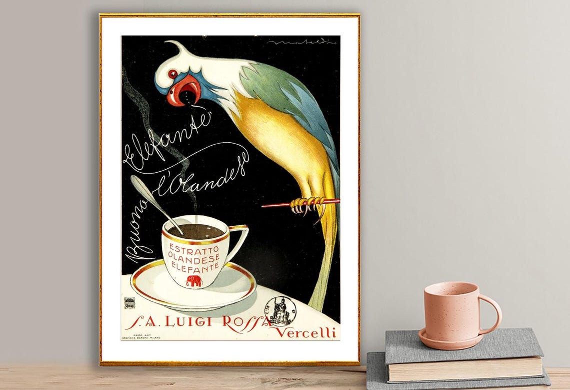 Estratto Olandese Elefante Parrot and Coffee Cup Vintage Poster