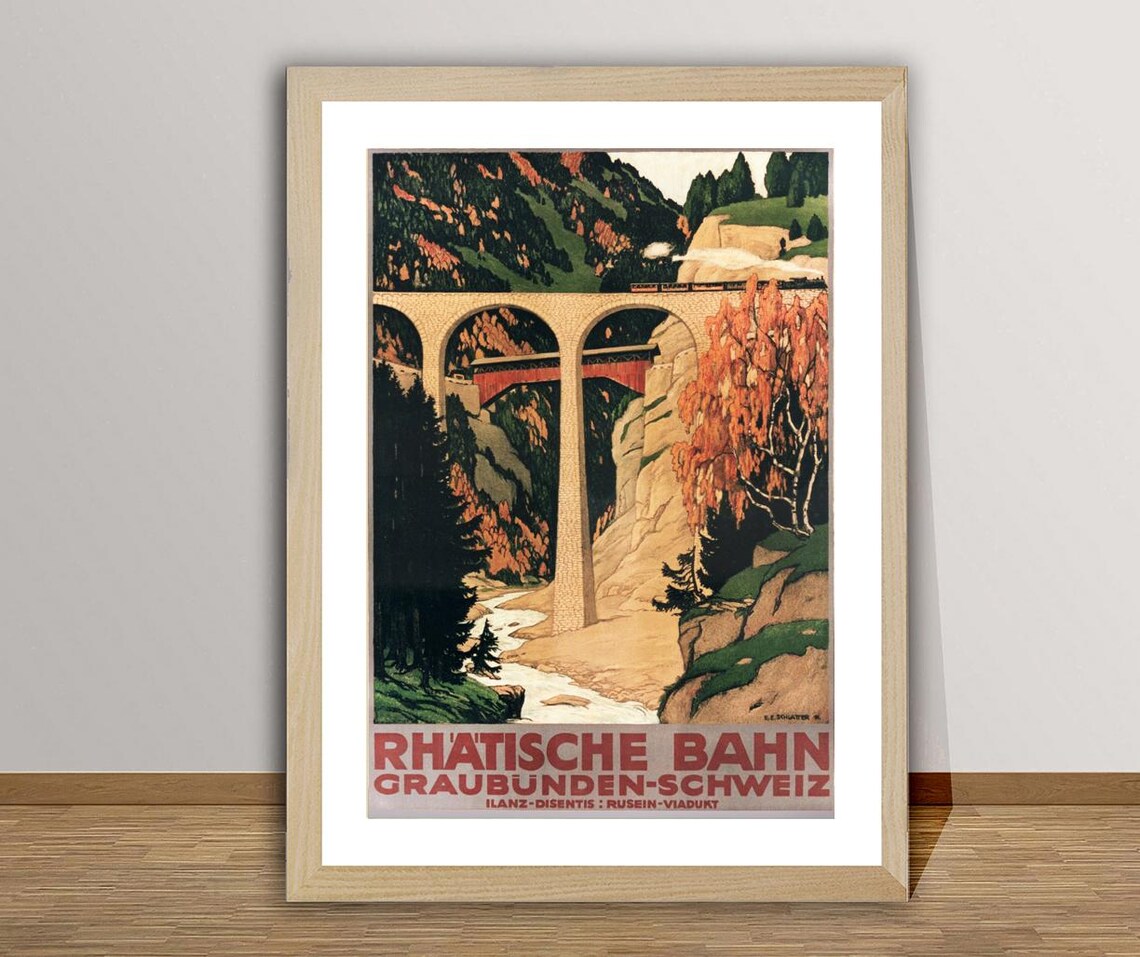 Rhatische Bahn Graubunden Swiss Railway Viaduct Vintage Travel Poster