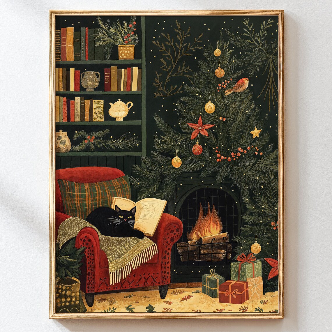 Christmas Black Cat Reading Fireplace Poster Cozy Holiday Library Artwork