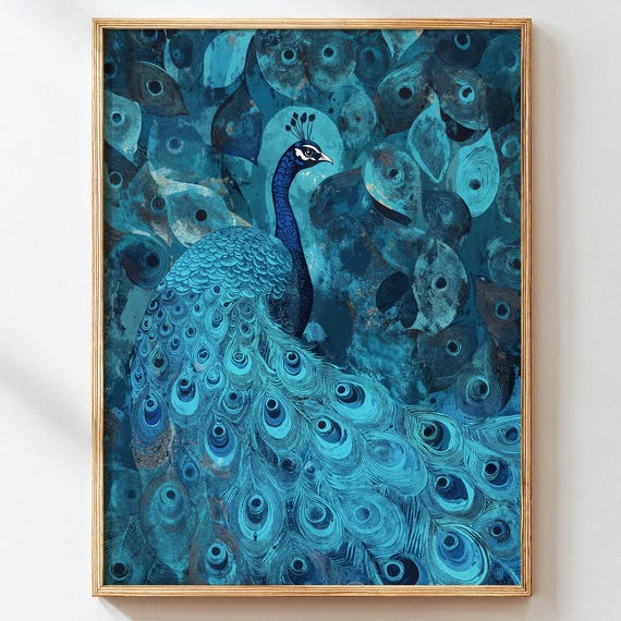 Blue Peacock Art Print Elegant Wall In Woodblock Style Bold Feather Illustration Teal Navy Decor Statement Wildlife Poster