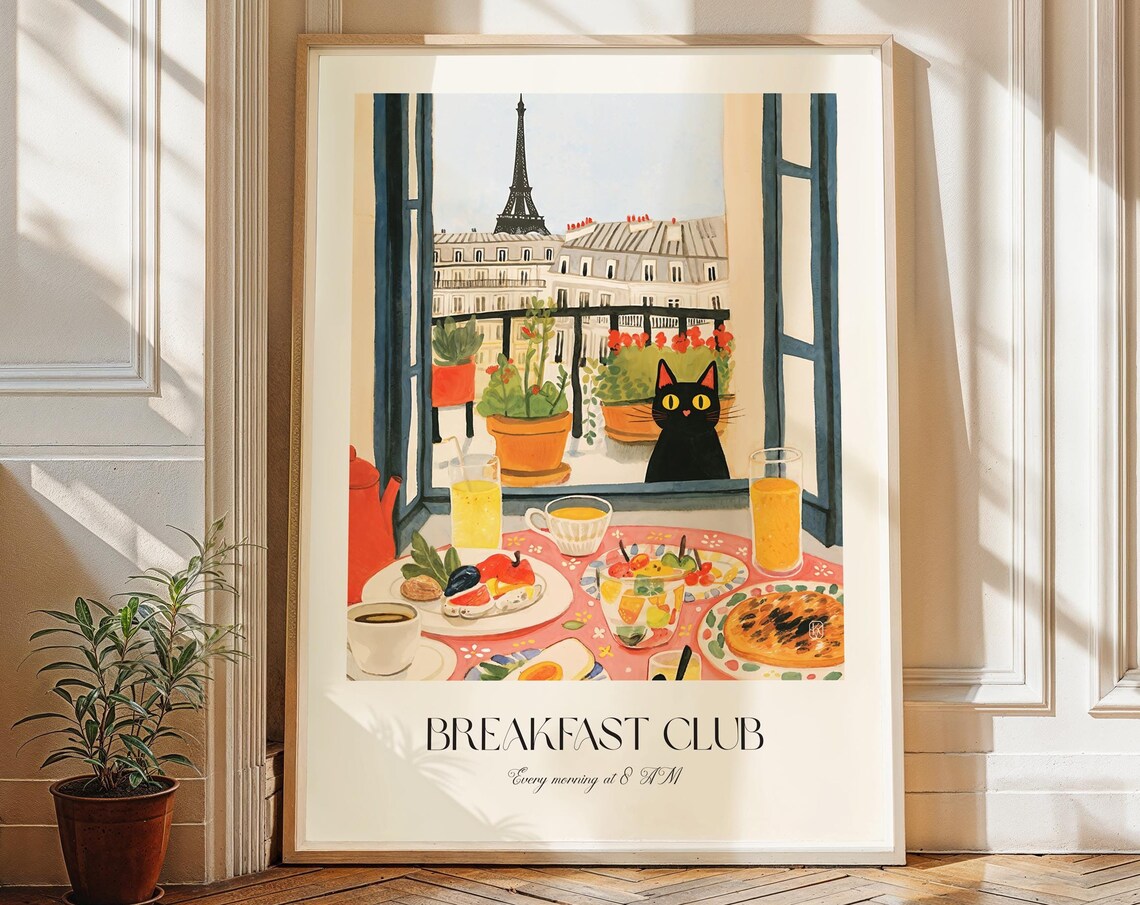 Breakfast Club Black Cat Paris Watercolor Morning Kitchen Art Print