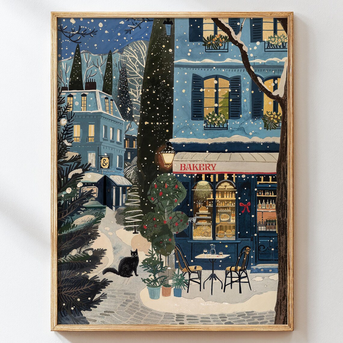 Snowy European Bakery Street Winter Black Cat Cozy Art Poster