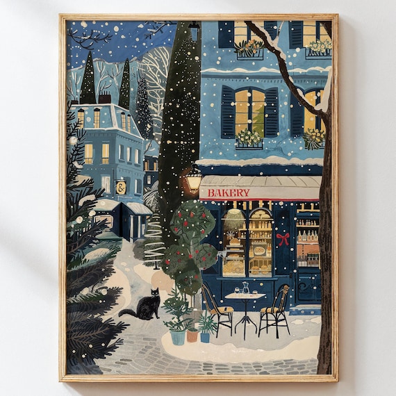 Snowy European Bakery Street Winter Black Cat Cozy Art Poster