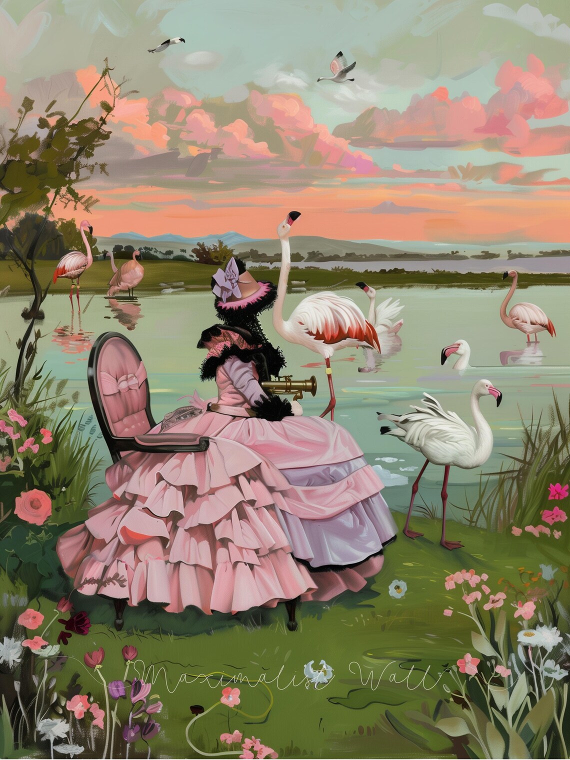 Flamingo Bird, Impressionist Botanical Garden Art Print