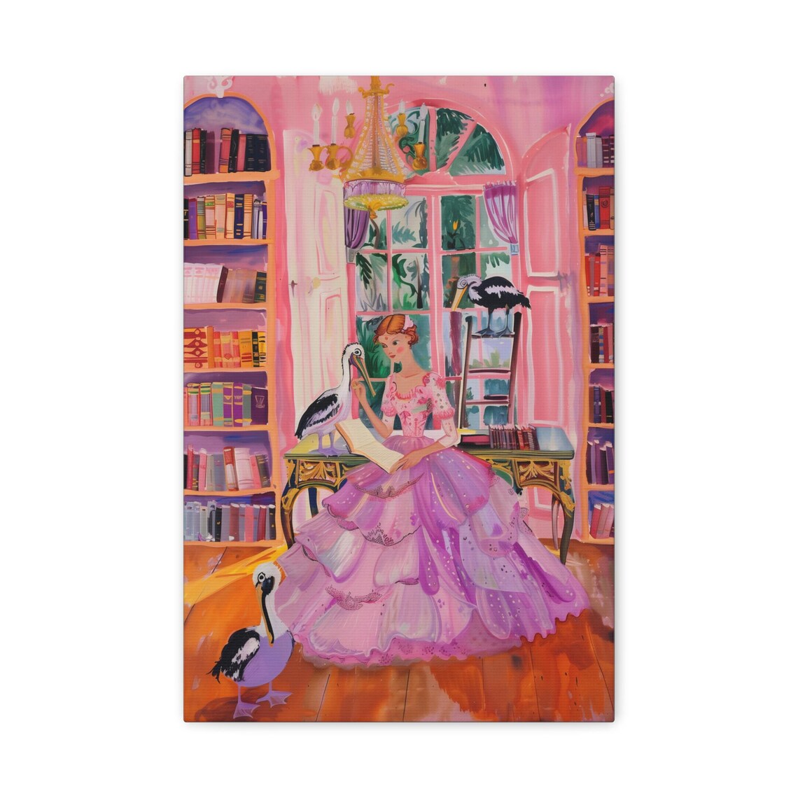 Lady Reading a Letter in a Pink Grand Library with Birds Poster - Image 2