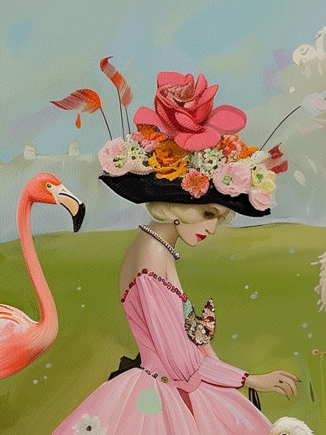 Lady in a Pink Gown Feeding Flamingos at a Garden Fountain Poster - Image 2