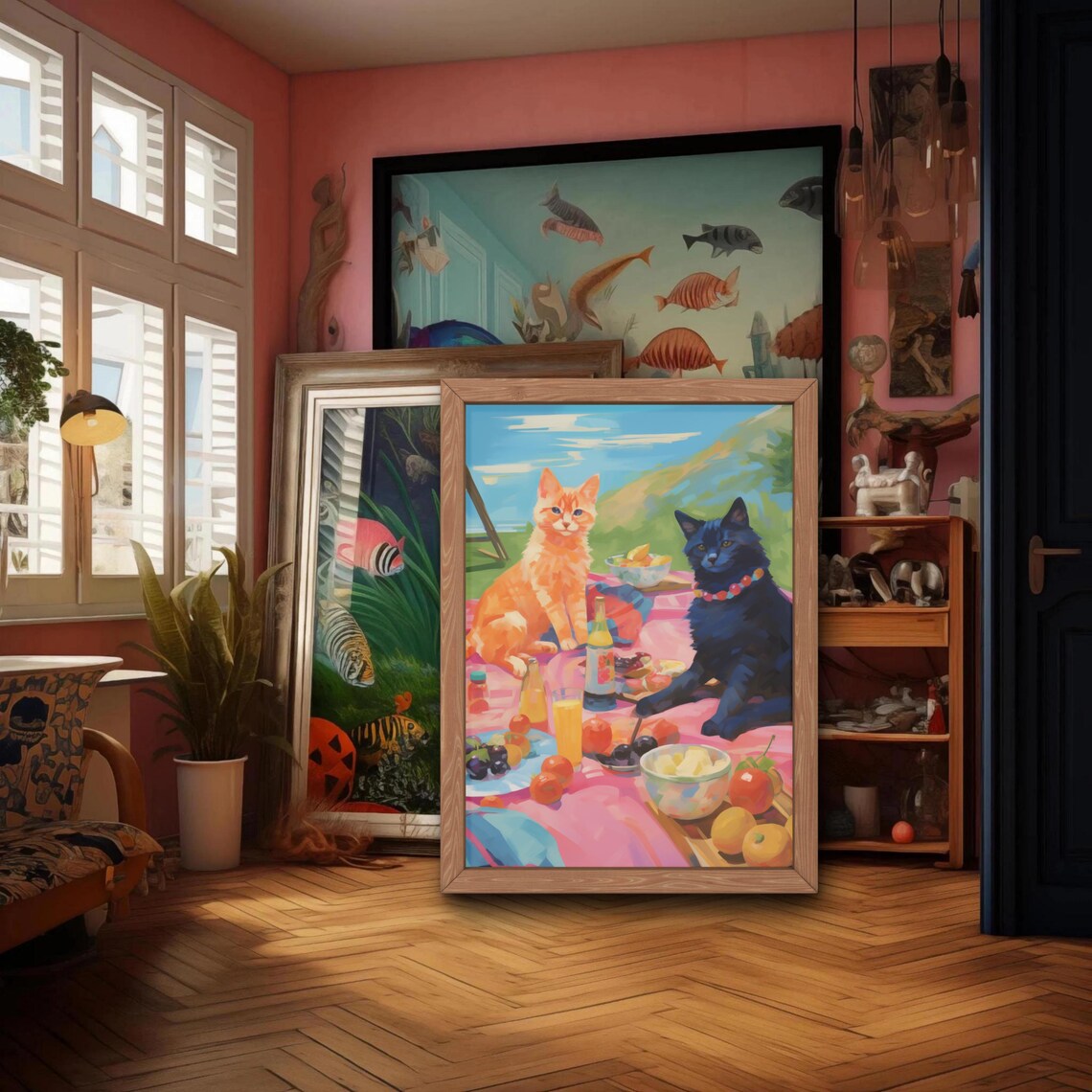 Orange and Black Cats at a Colorful Picnic With Treats Art Poster - Image 2