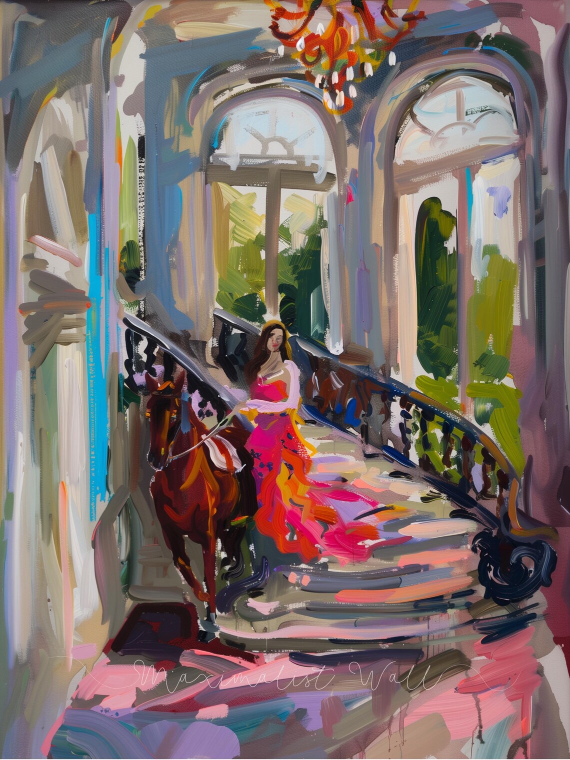 Lady With Horse on Grand Chateau Staircase Impressionist Poster