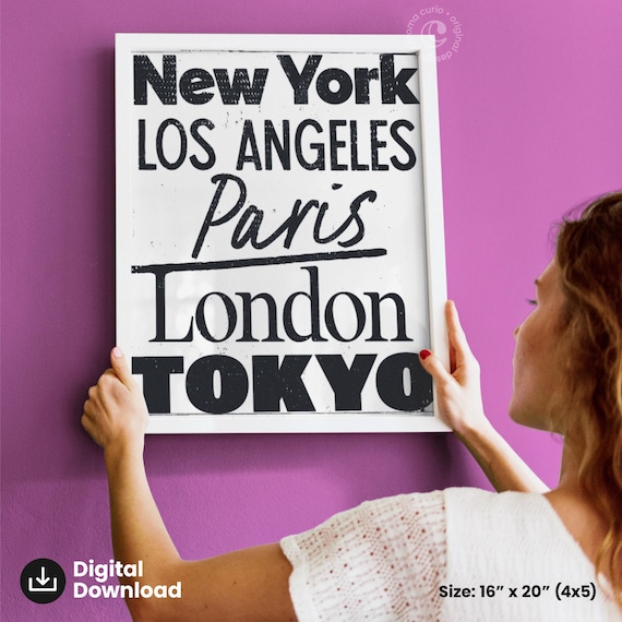 New York Paris London Tokyo Cities White Black Type Poster Art