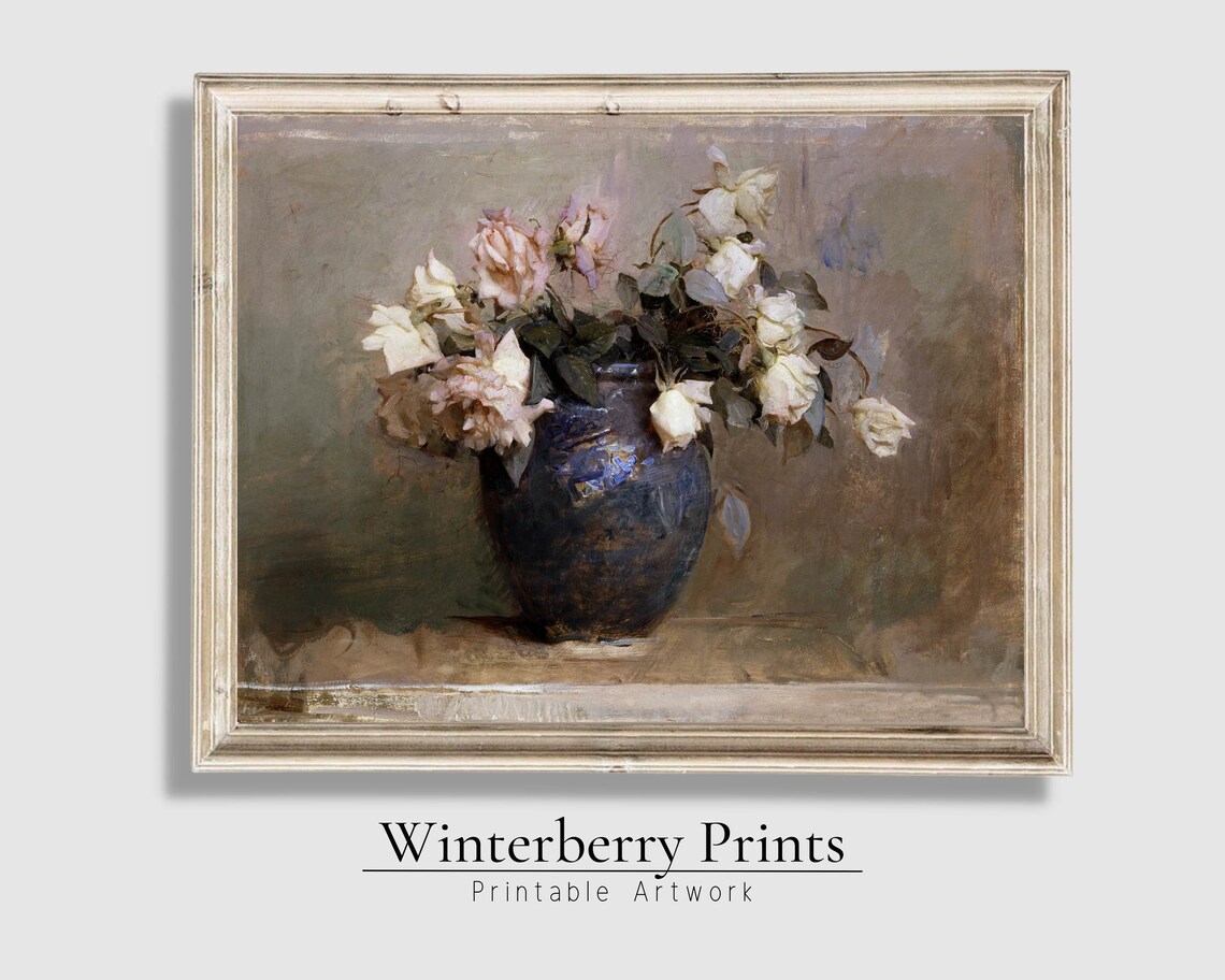 Antique White Roses Dark Vase Still Life Oil Painting Vintage Art Poster - Image 5