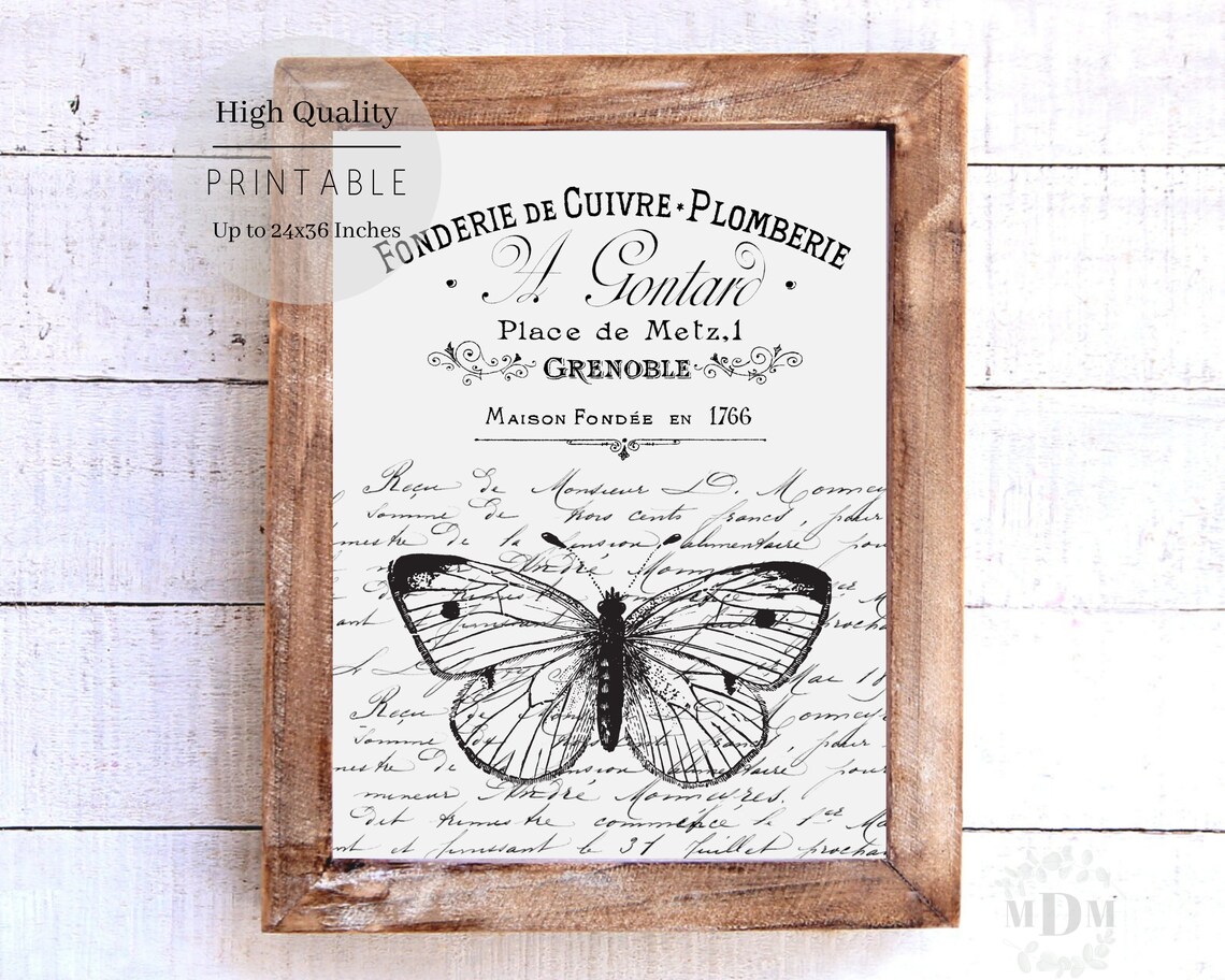 Black White Butterfly French Script Typography Vintage Grenoble Art Poster - Image 2