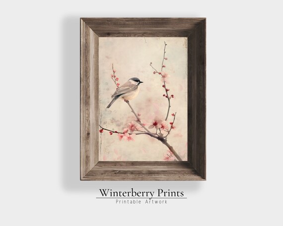 Vintage Chickadee Bird Watercolor Pink Blossom Branch Spring Nature Print