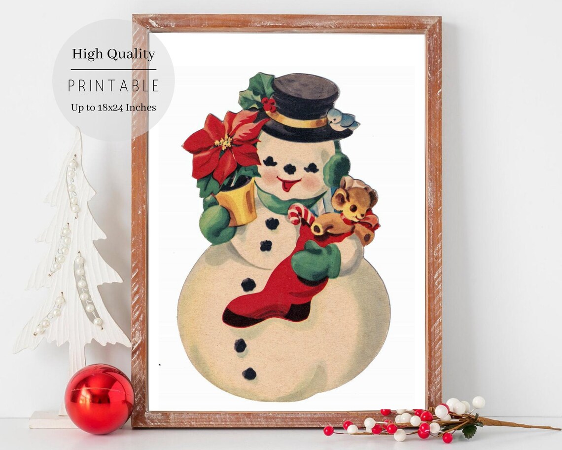 Retro Snowman Christmas Art Print, Vintage Farmhouse Decor