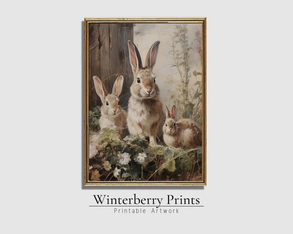 Easter Vintage Rabbit Painting, Farmhouse Art Print