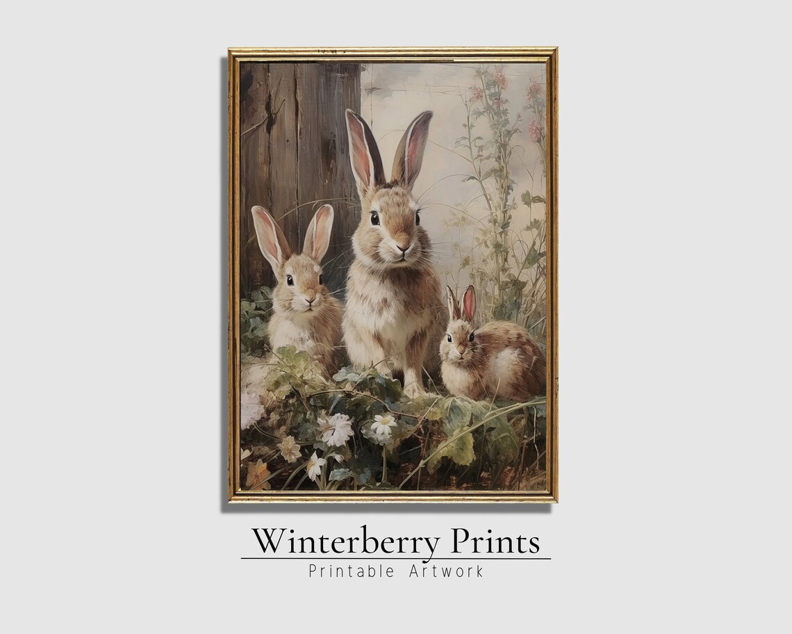Easter Vintage Rabbit Painting, Farmhouse Art Print