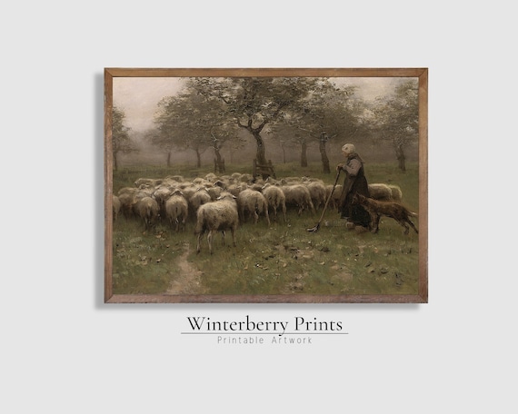 Shepherdess Leading Flock of Sheep Pastoral Vintage Oil Painting Wall Art Print