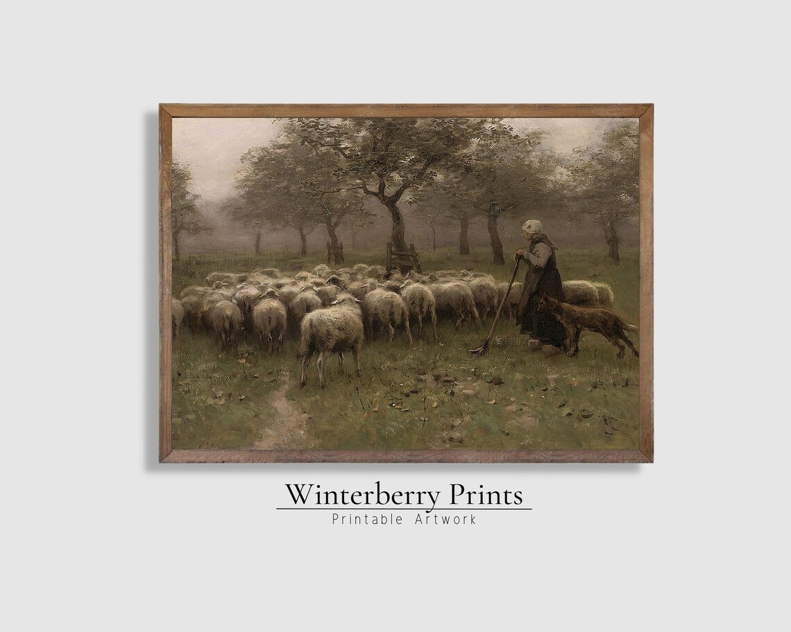 Shepherdess Leading Flock of Sheep Pastoral Vintage Oil Painting Wall Art Print